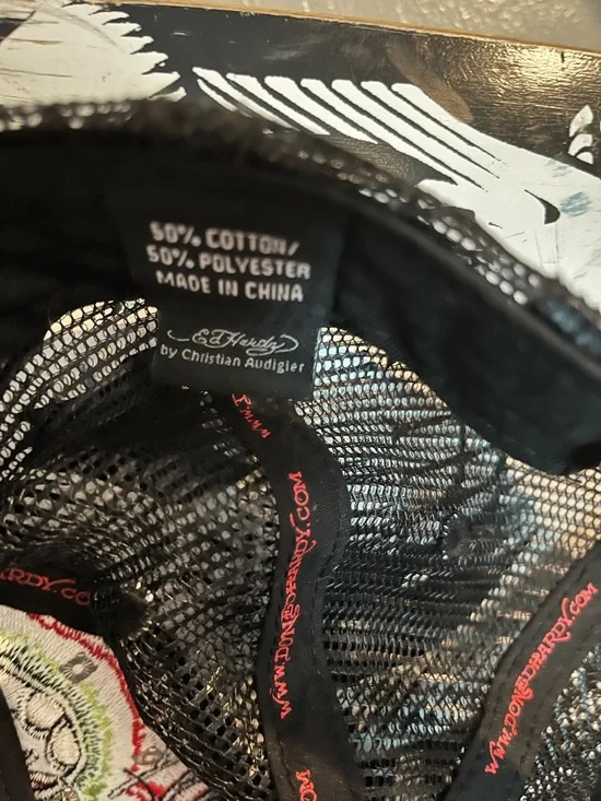 Ed Hardy Black Trucker Hat with Red and Green Skull Detail - Picture 2 of 2